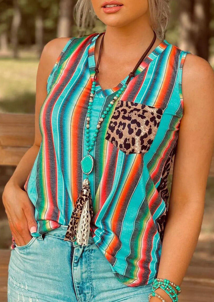 

Tank Tops Leopard Striped Pocket V-Neck Tank Top in Multicolor. Size