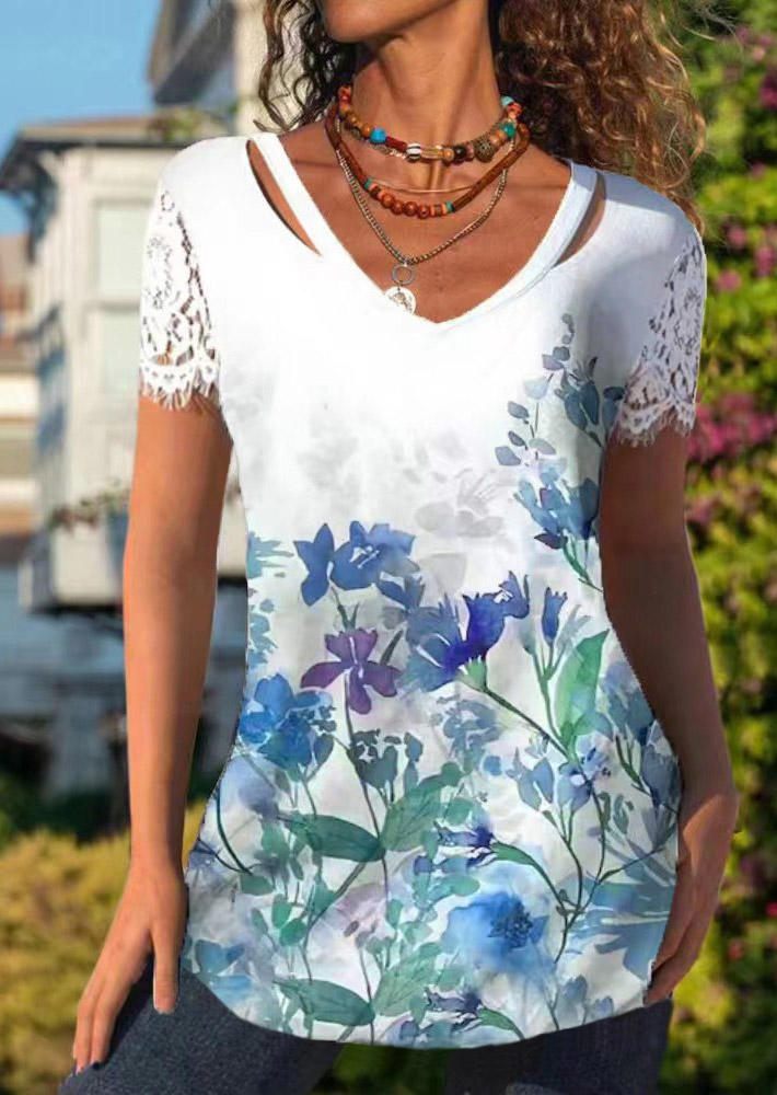 

Blouses Floral Lace Splicing Hollow Out Blouse in White. Size