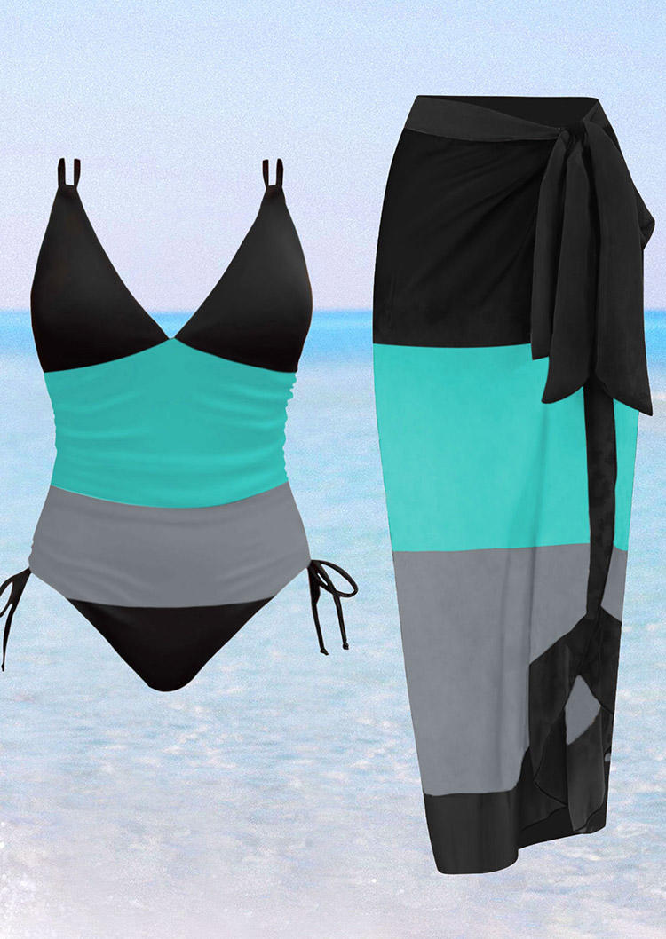 2Pcs Color Block Tie Cover Up And Drawstring One-Piece Swimsuit
