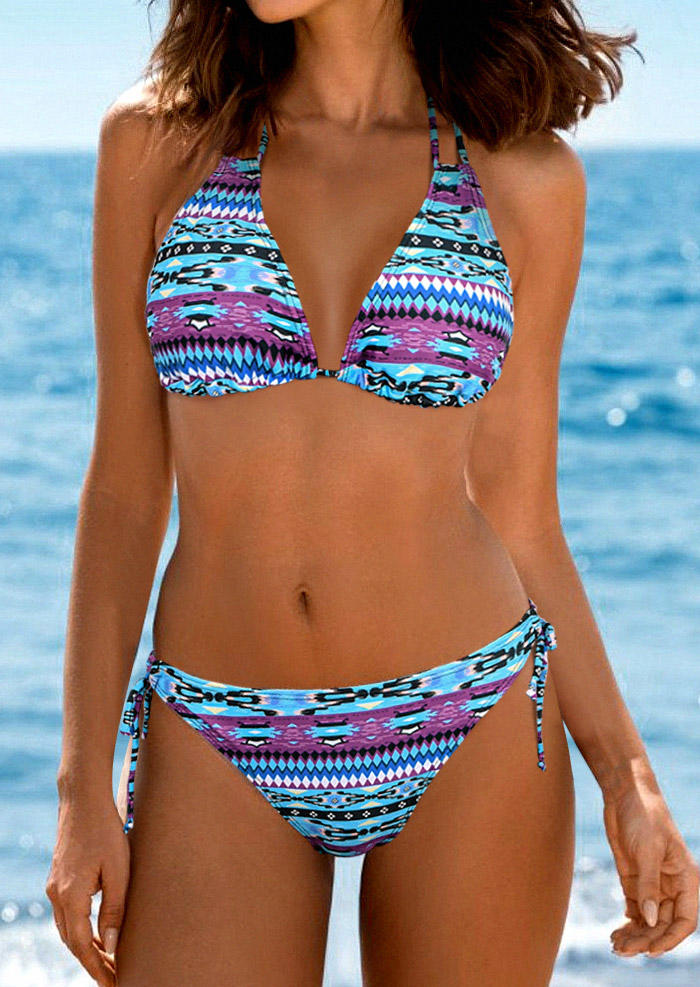 Geometric Hollow Out Tie Halter Bikini Set
