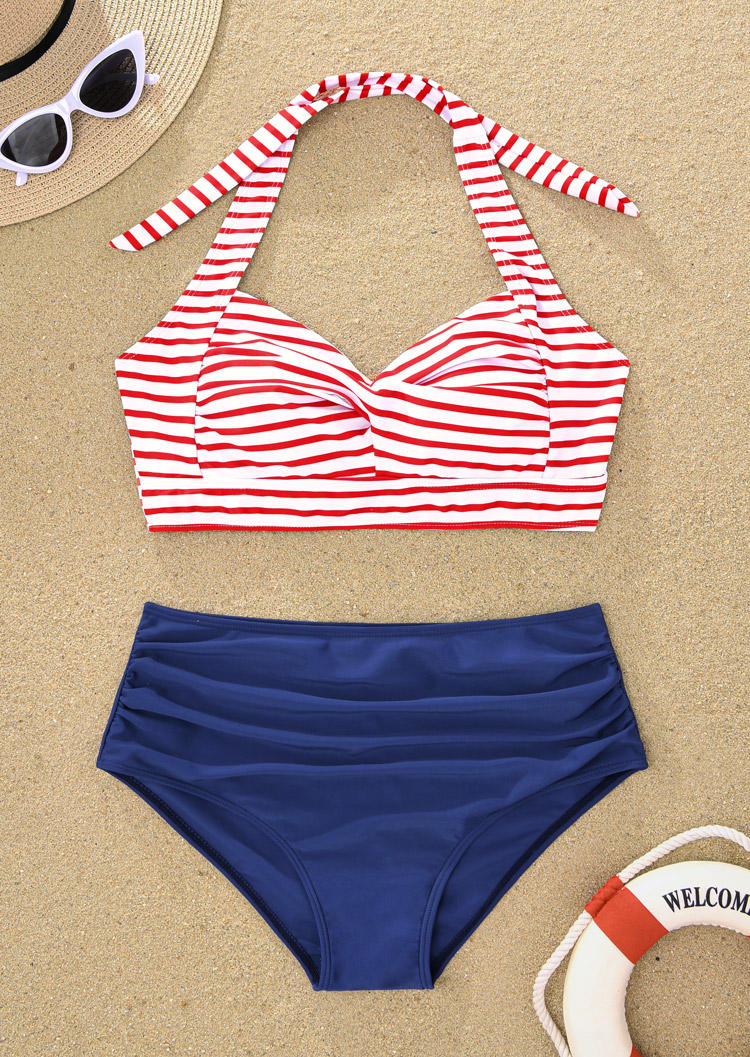 

Bikini Sets Striped Ruched Halter Bikini Set in Multicolor. Size: L,M