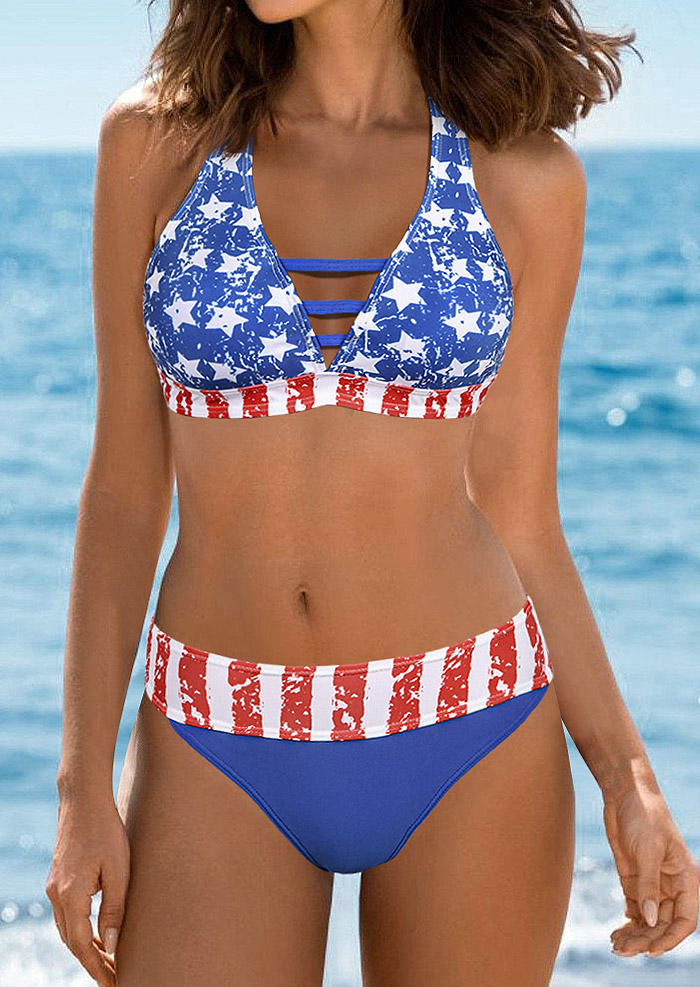 American Flag Hollow Out Halter Bikini Set