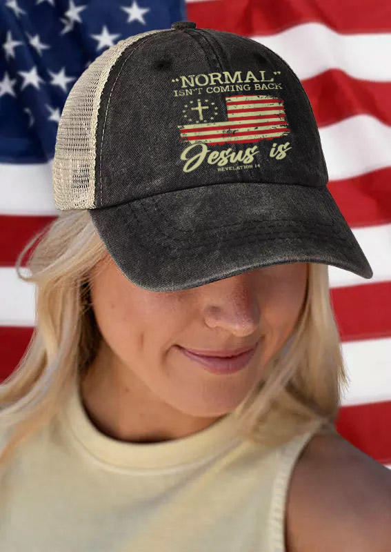 

Hats Normal Isn't Coming Back Jesus Is American Flag Mesh Baseball Cap in Black. Size