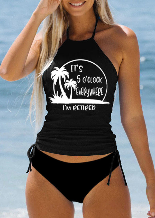 

Tankinis It' 5 O'Clock Everywhere I'm Retired Coconut Tree Drawstring Halter Set in Black. Size: L,M,,XL