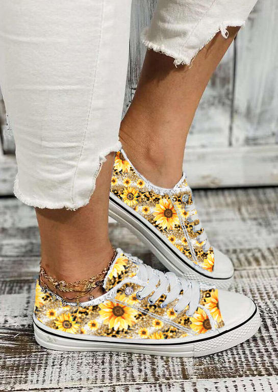 Leopard Sunflower Glitter Lace Up Flat Sneakers