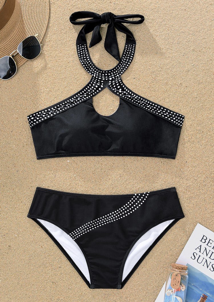 

Bikini Sets Polka Dot Hollow Out Halter Bikini Set in Black. Size: ,XL