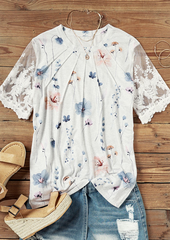 

Blouses Floral Lace Splicing Ruffled O-Neck Blouse in Multicolor. Size