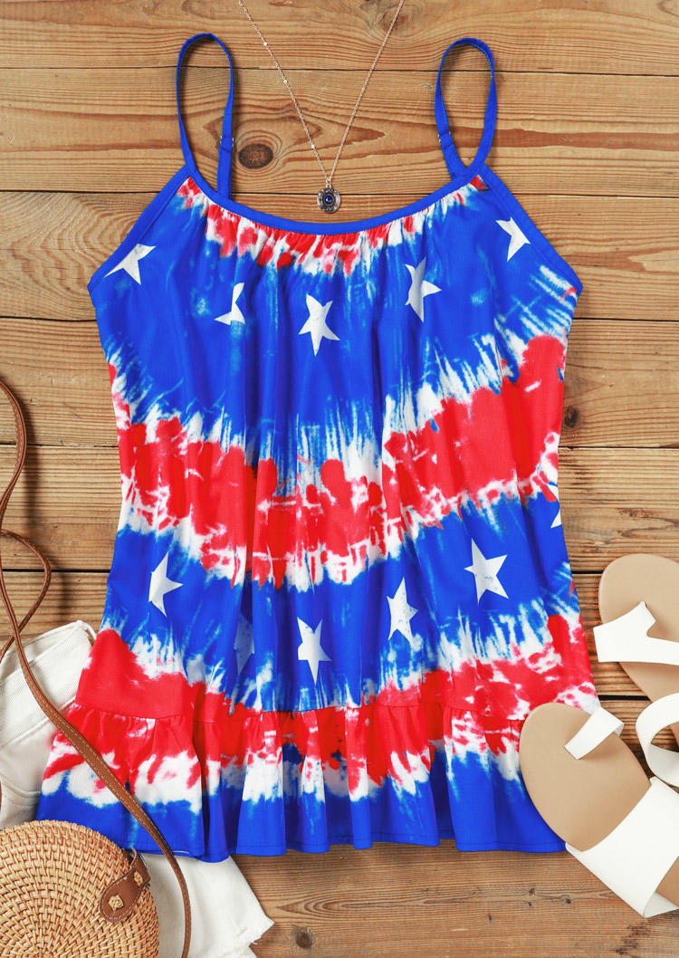 

Tank Tops American Flag Tie Dye Ruffled Camisole in Multicolor. Size: L,M
