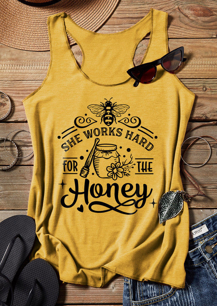 

Tank Tops She Works Hard For The Honey Bee Floral Tank Top in Yellow. Size