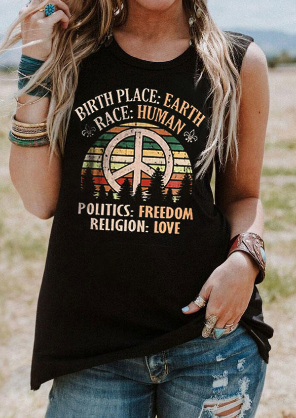 

Tank Tops Birth Place Earth Race Human Politics Freedom Religion Love Tank Top in Black. Size