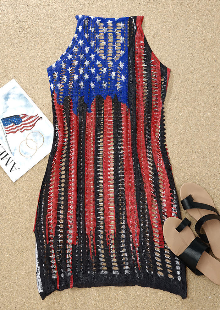 

Cover Ups American Flag Hollow Out Slit Crochet Cover Up Dress in Black. Size