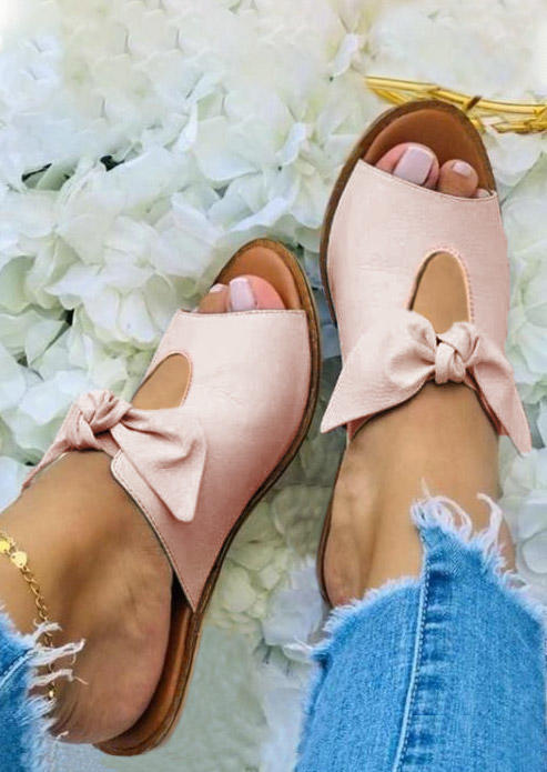 

Slippers Bowknot Hollow Out Round Toe Flat Slippers in Pink. Size