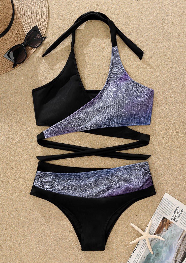 

Bikini Sets Glitter Color Block Halter Bikini Set in Black. Size: L,M,,XL