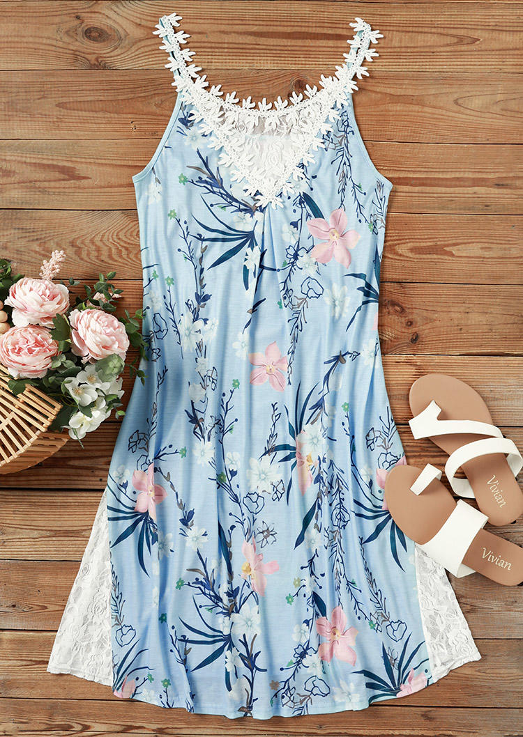 

Mini Dresses Lace Splicing Floral Ruffled Spaghetti Strap Mini Dress in Multicolor. Size: L,M,,XL