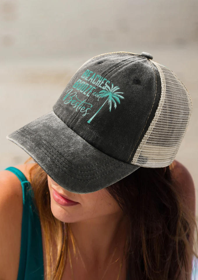 

Hats Beaches Booze Besties Coconut Tree Baseball Cap in Black. Size