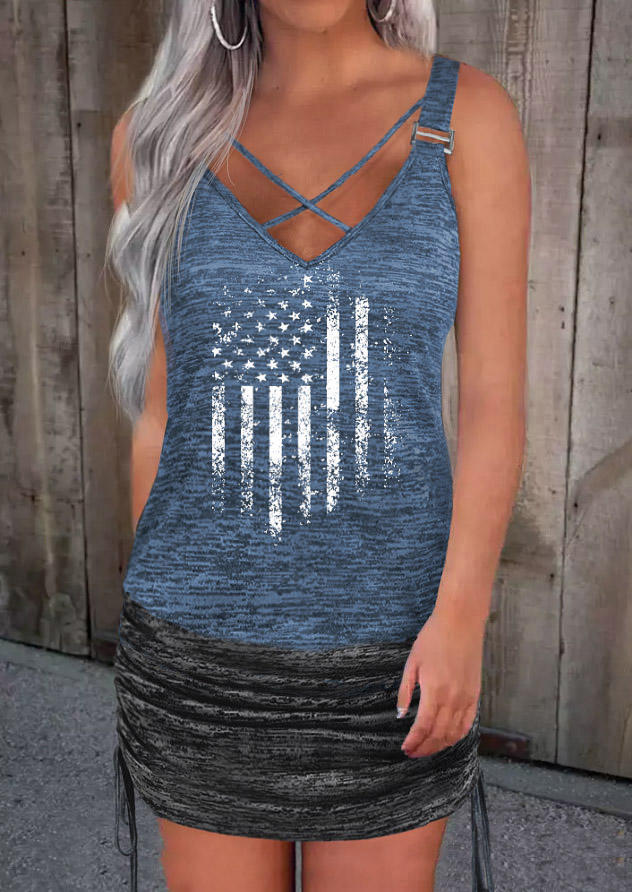 American Flag Criss-Cross Hollow Out Drawstring Mini Dress