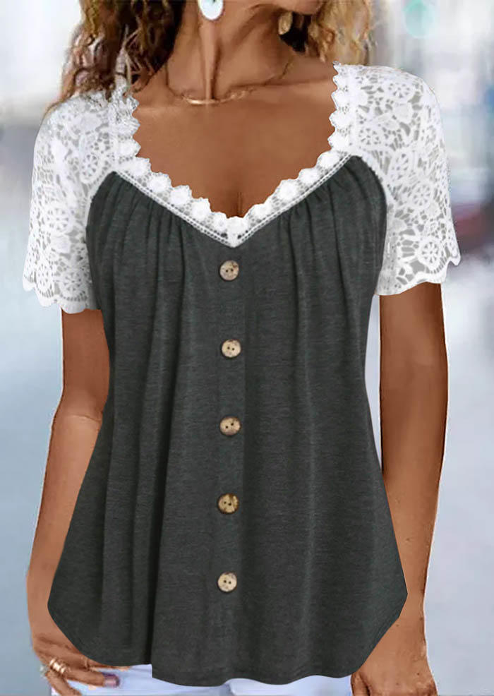 

Blouses Lace Splicing Ruffled Button Blouse - Dark Grey in Gray. Size: L,M,,XL