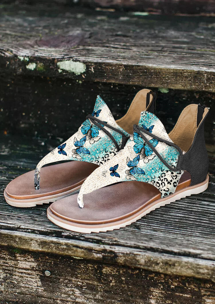 Leopard Butterfly Zipper Flat Sandals