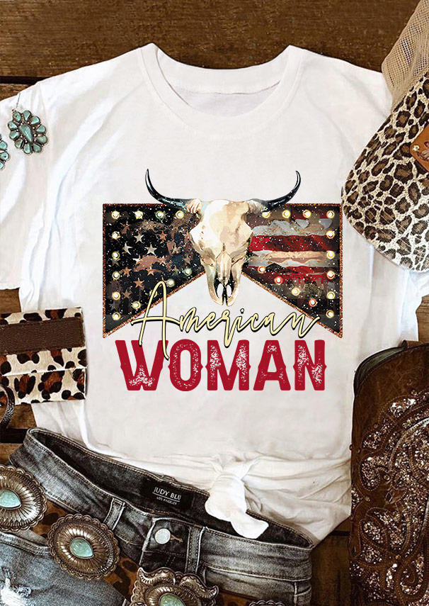 

T-shirts Tees American Woman Flag Steer Skull T-Shirt Tee in White. Size