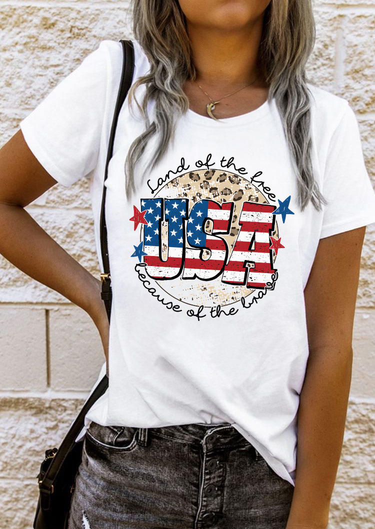 

T-shirts Tees USA Land Of The Free Because Of The Brave Flag Leopard T-Shirt Tee in White. Size