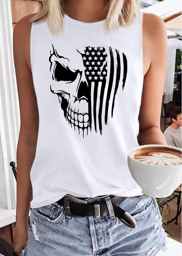 

Tank Tops American Flag Skull O-Neck Tank Top in White. Size
