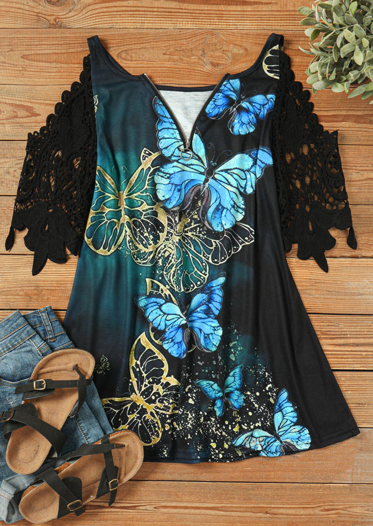 

Blouses Colorful Butterfly Lace Cold Shoulder Blouse in Multicolor. Size: L,M