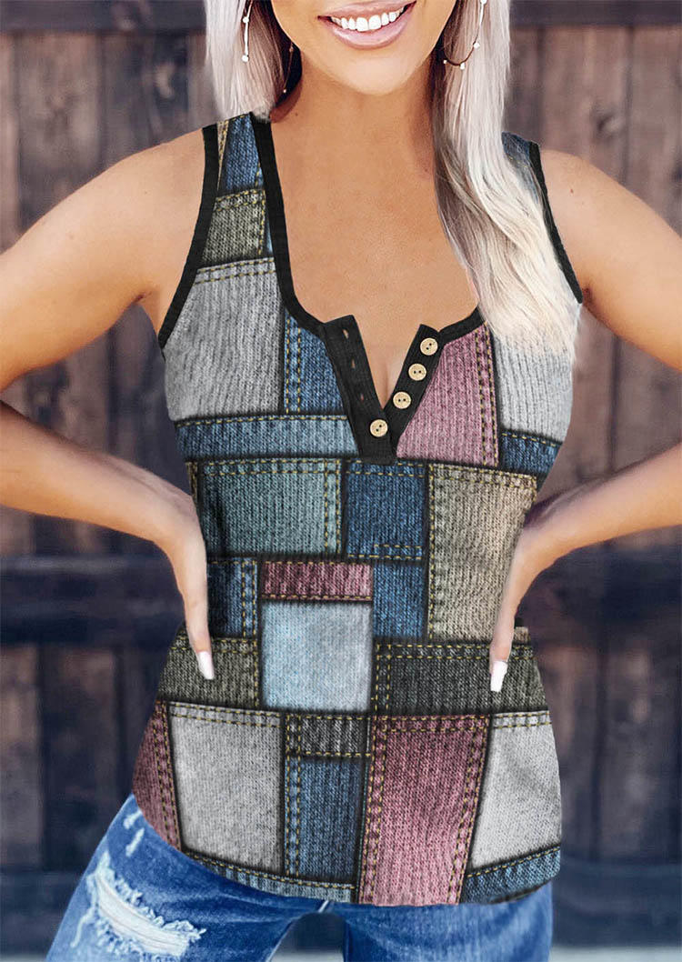 

Tank Tops Geometric Button Notched Collar Tank Top in Multicolor. Size: L,M