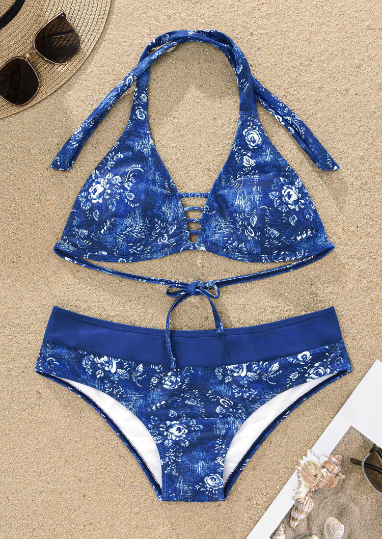 

Bikini Sets Floral Hollow Out Halter Tie Bikini Set in Blue. Size: L,,XL