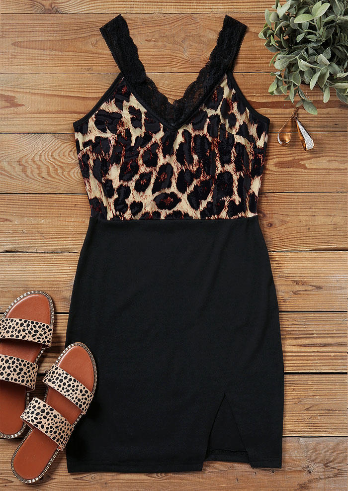 

Bodycon Dresses Leopard Lace Splicing Slit Bodycon Dress in Multicolor. Size: L,M,,XL
