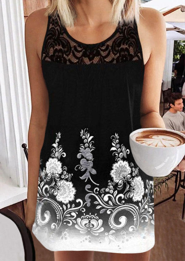 Floral Lace Splicing Gradient Ruffled Sleeveless Mini Dress - Black