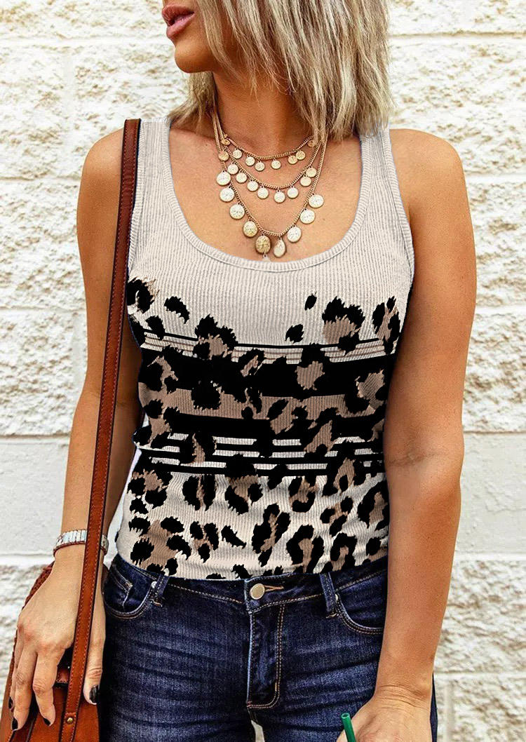 

Tank Tops Leopard Striped Ribbed U-Neck Tank Top in Multicolor. Size: L,M,,XL