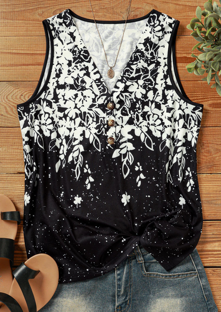 

Tank Tops Floral Button V-Neck Tank Top in Black. Size: L,M,,XL