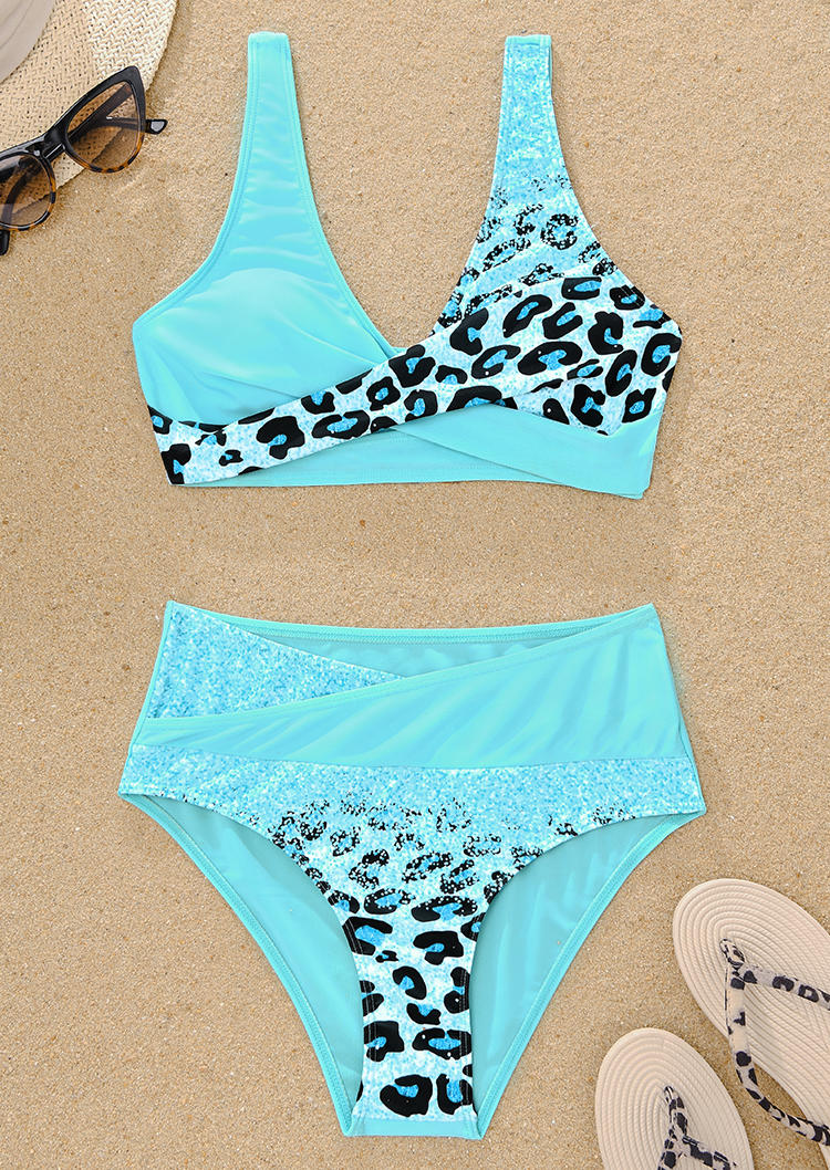 

Bikini Sets Leopard Glitter Criss-Cross Ruched Bikini Set - Lake Blue in Blue. Size