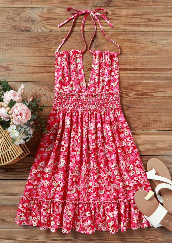 

Mini Dresses Ditsy Floral Smocked Ruffled Hollow Out Open Back Halter Mini Dress in Multicolor. Size
