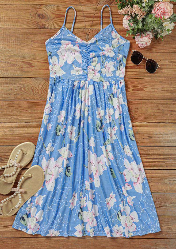 

Mini Dresses Floral Ruffled Pocket Spaghetti Strap Mini Dress in Blue. Size: L,,XL