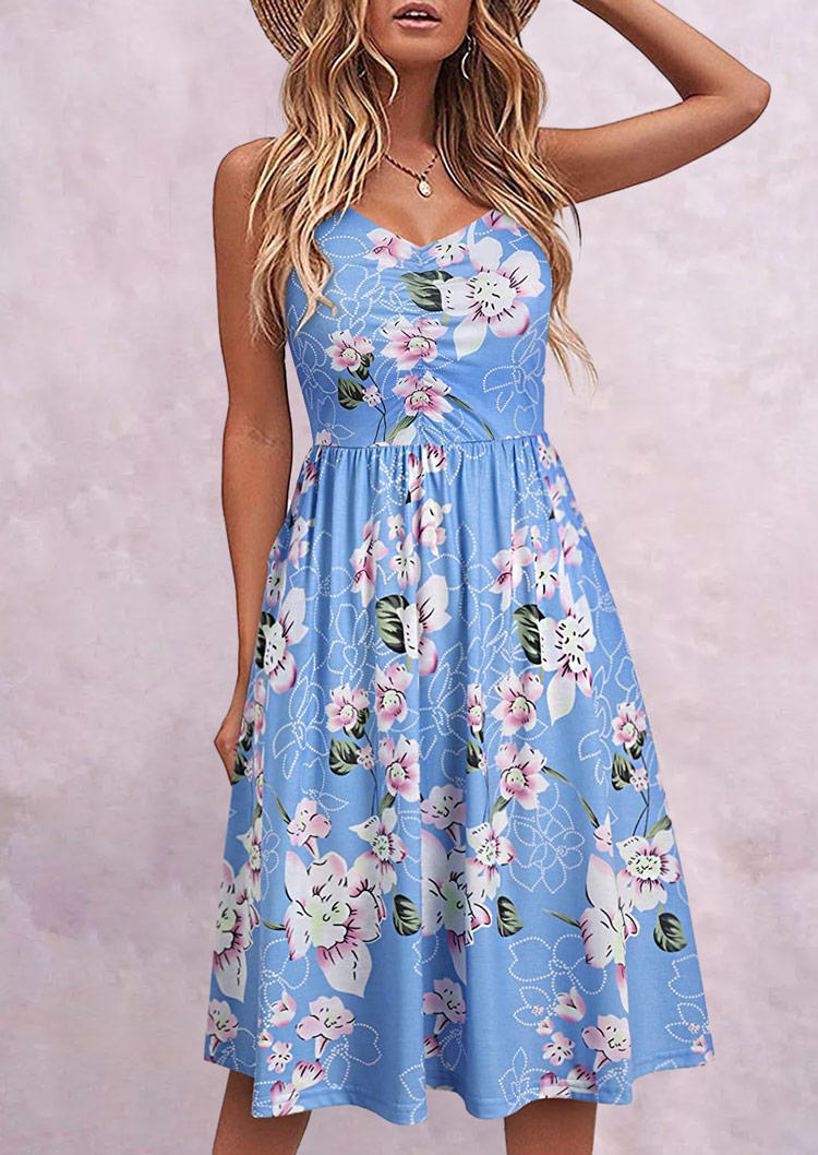 Floral Ruffled Pocket Spaghetti Strap Mini Dress - Blue