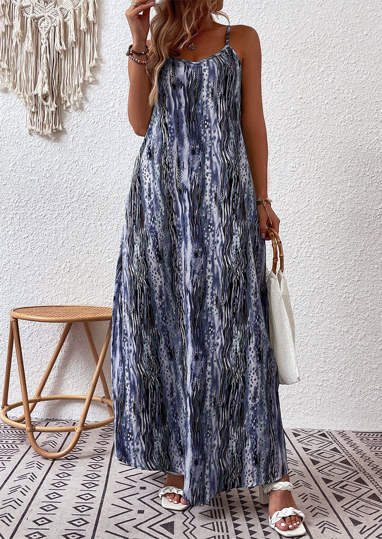 Abstract Backless Loose Spaghetti Strap Maxi Dress