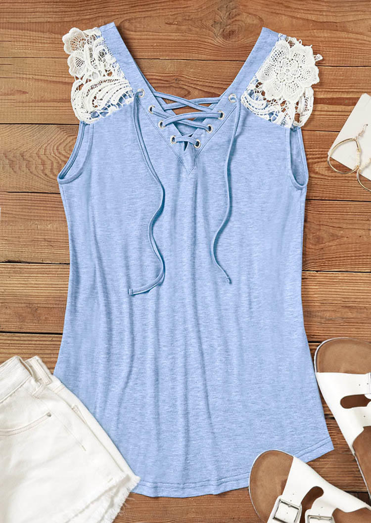 

Tank Tops Lace Splicing Criss-Cross Tank Top in Blue. Size: L,M,,XL