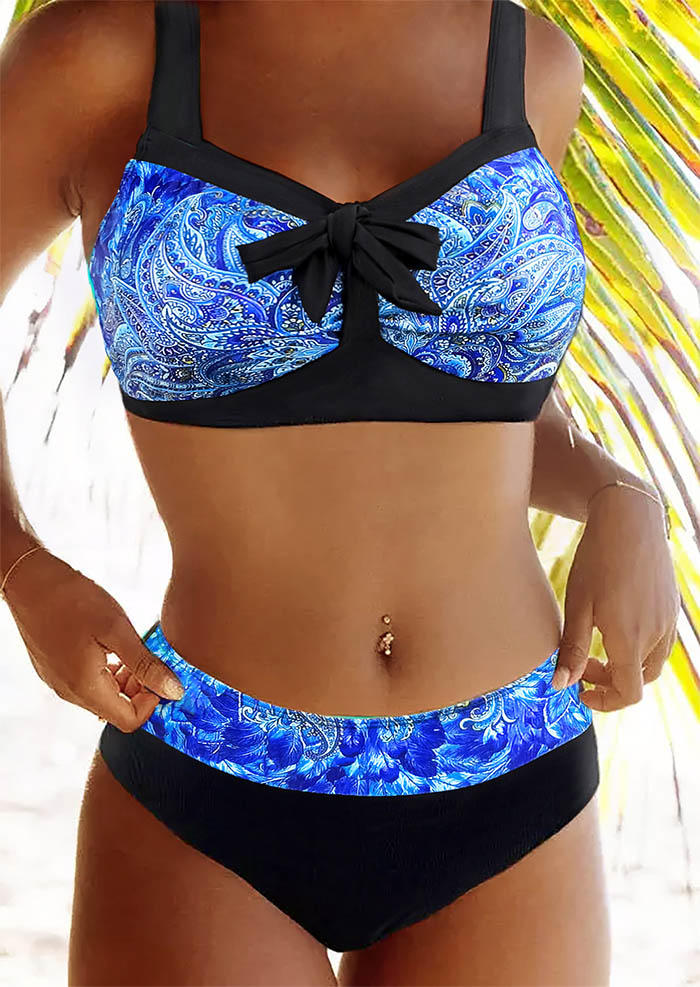 Paisley Bowknot Adjustable Strap Bikini Set - Blue
