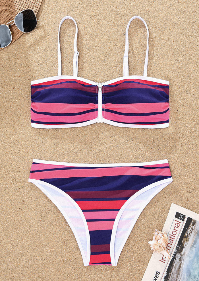 

Bikini Sets Color Block Striped Zipper Bikini Set in Multicolor. Size: L,,XL
