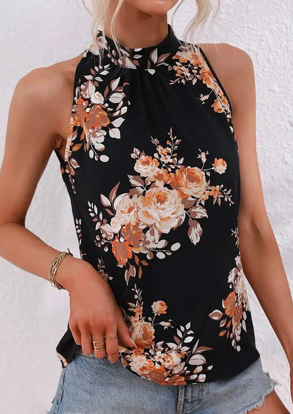 

Tank Tops Floral Button Casual Tank Top in Black. Size