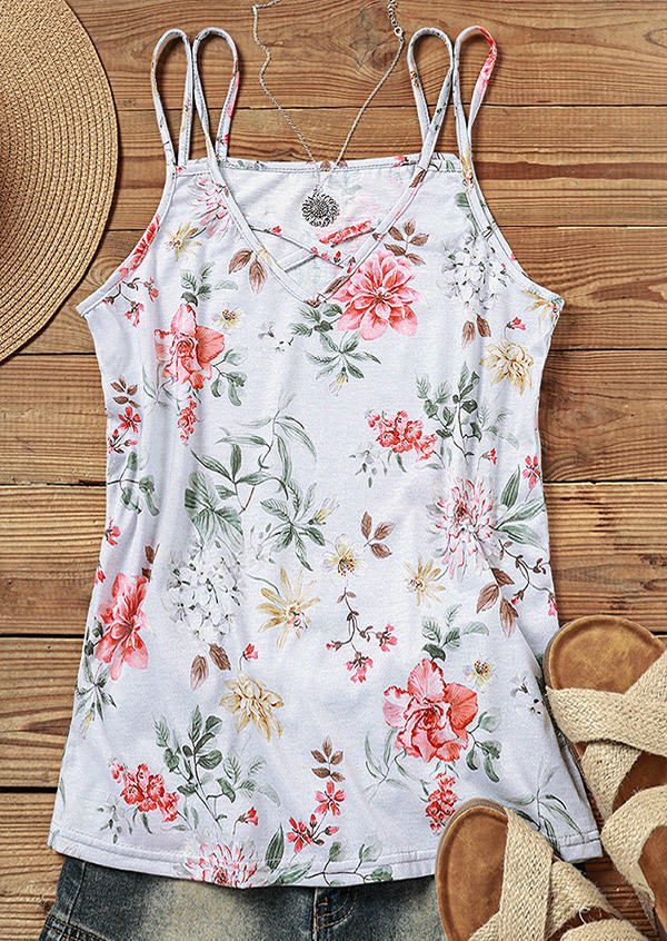 

Tank Tops Floral Criss-Cross Hollow Out Tank Top in Multicolor. Size