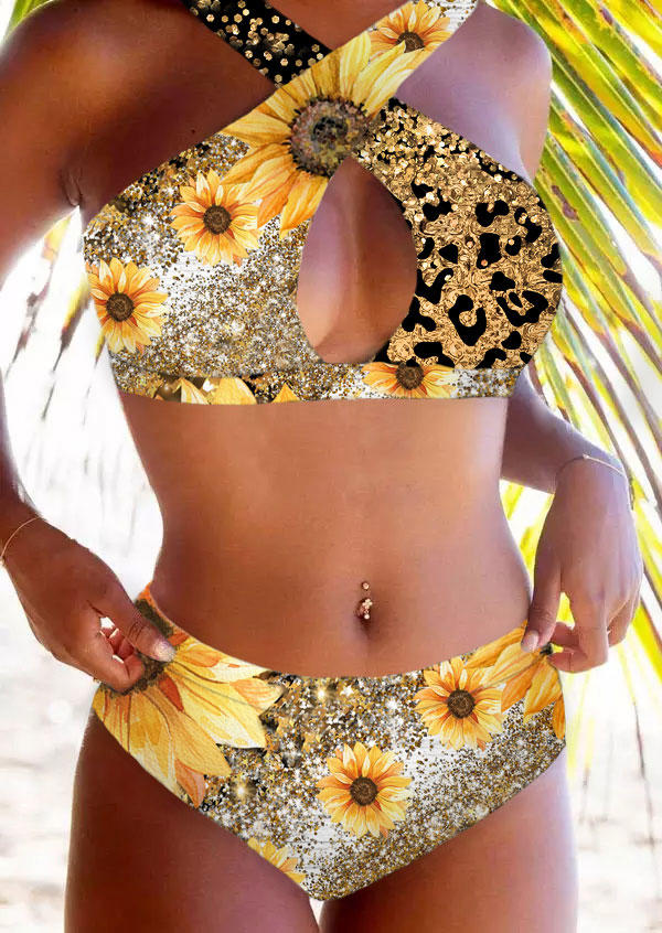 Leopard Sunflower Glitter Criss-Cross Hollow Out Bikini Set