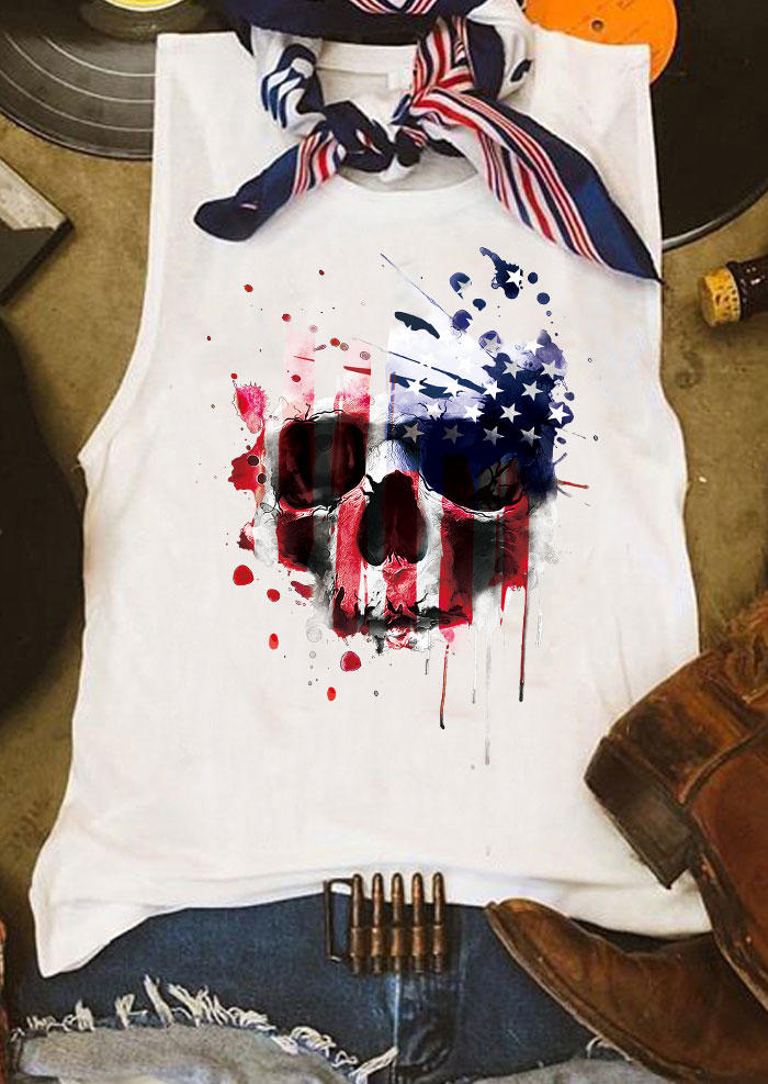 

Tank Tops American Flag Skull O-Neck Tank Top in White. Size