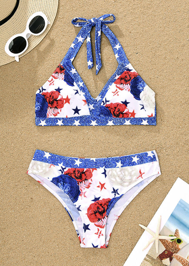 

Bikini Sets Floral Star Tie Halter Bikini Set in Multicolor. Size: ,XL