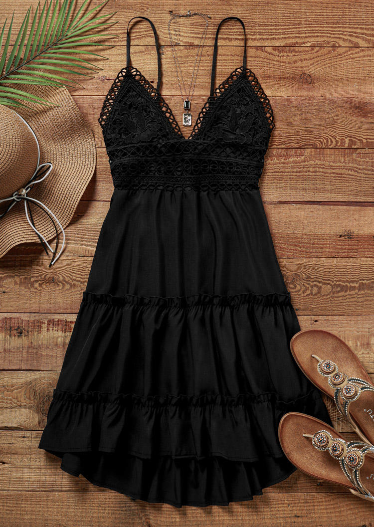 

Mini Dresses Floral Lace Splicing Ruffled Open Back Mini Dress in Black. Size