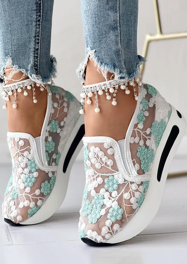 

Sneakers Lace Embroidery Mesh Slip On Platform Sneakers without Anklet in Green. Size