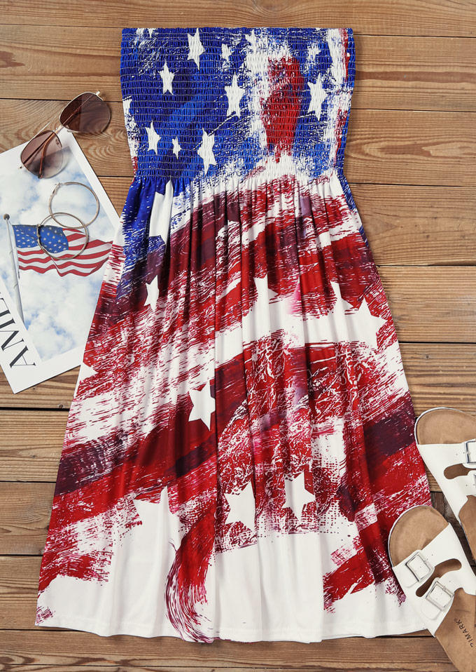 

Mini Dresses American Flag Smocked Ruffled Strapless Mini Dress in Multicolor. Size: ,XL