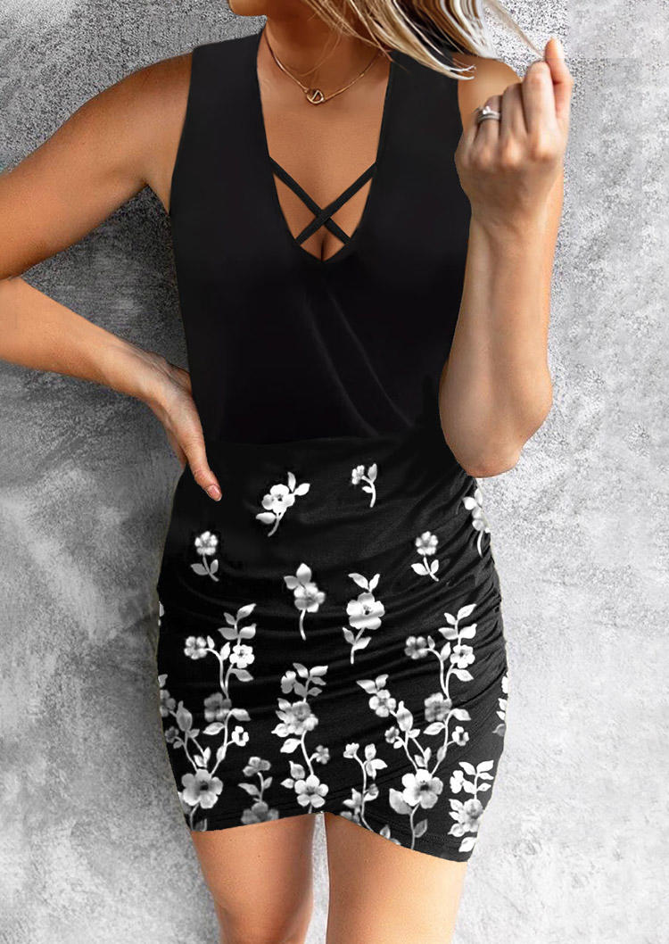 Floral Criss-Cross Wrap Bodycon Dress - Black