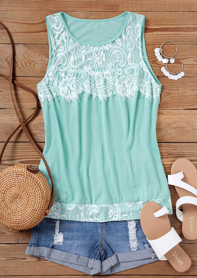 

Tank Tops Lace Splicing Ruffled O-Neck Tank Top in Green. Size: ,XL